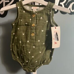 Cat & Jack Olive Green Baby Tank Romper with White Heart Print NWT